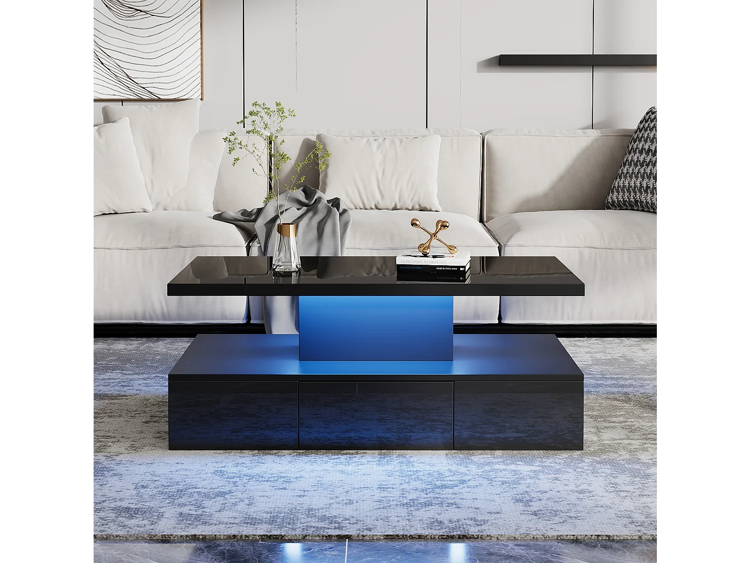 Table basse à deux niveaux LED RGB 16 couleurs surface brillant avec étagère ouverte et tiroir coulissant noir