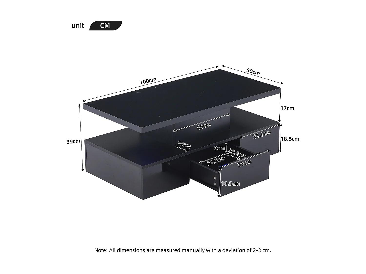 Table basse à deux niveaux LED RGB 16 couleurs surface brillant avec étagère ouverte et tiroir coulissant noir