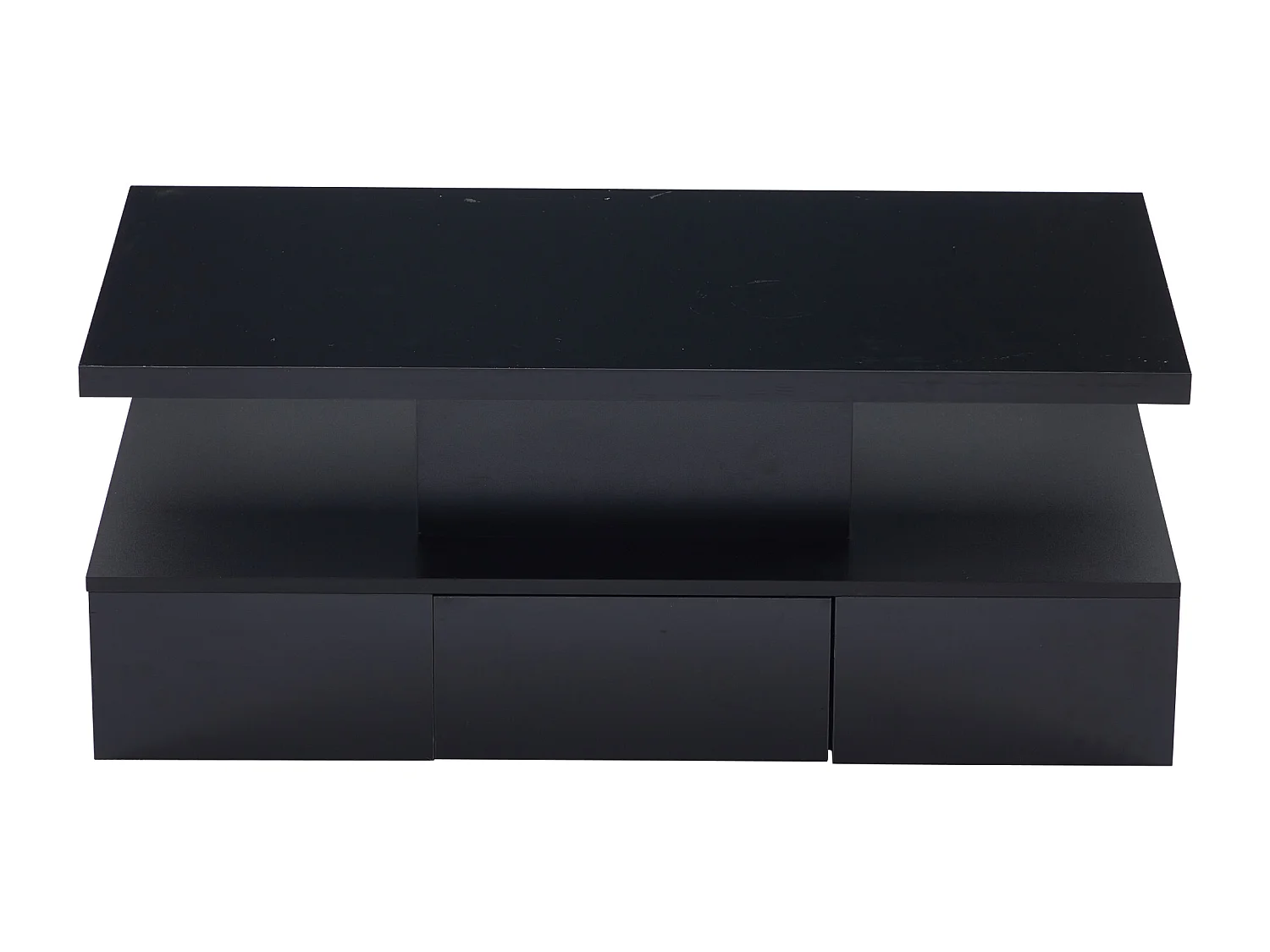 Table basse à deux niveaux LED RGB 16 couleurs surface brillant avec étagère ouverte et tiroir coulissant noir