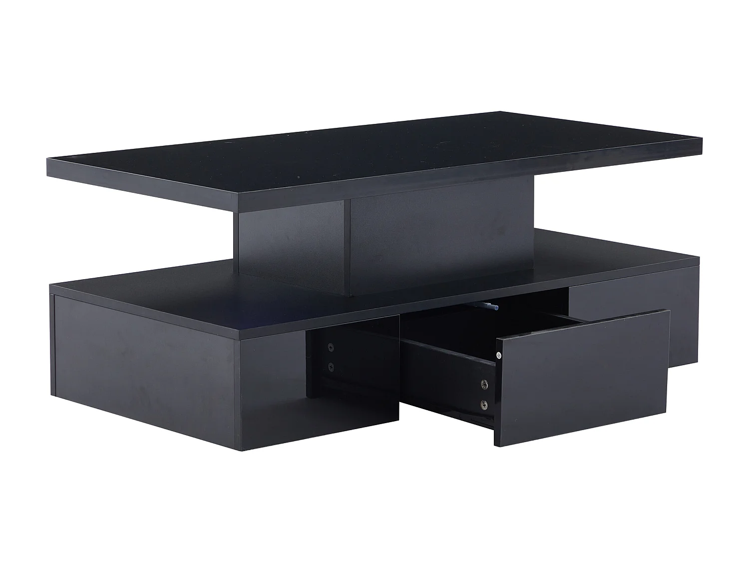 Table basse à deux niveaux LED RGB 16 couleurs surface brillant avec étagère ouverte et tiroir coulissant noir