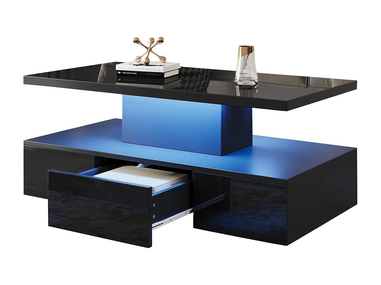 Table basse 100x50x39 cm, éclairage LED dimmable 16 couleurs, 4 modes, 1 tiroir coulissant, panneau de particules, noir
