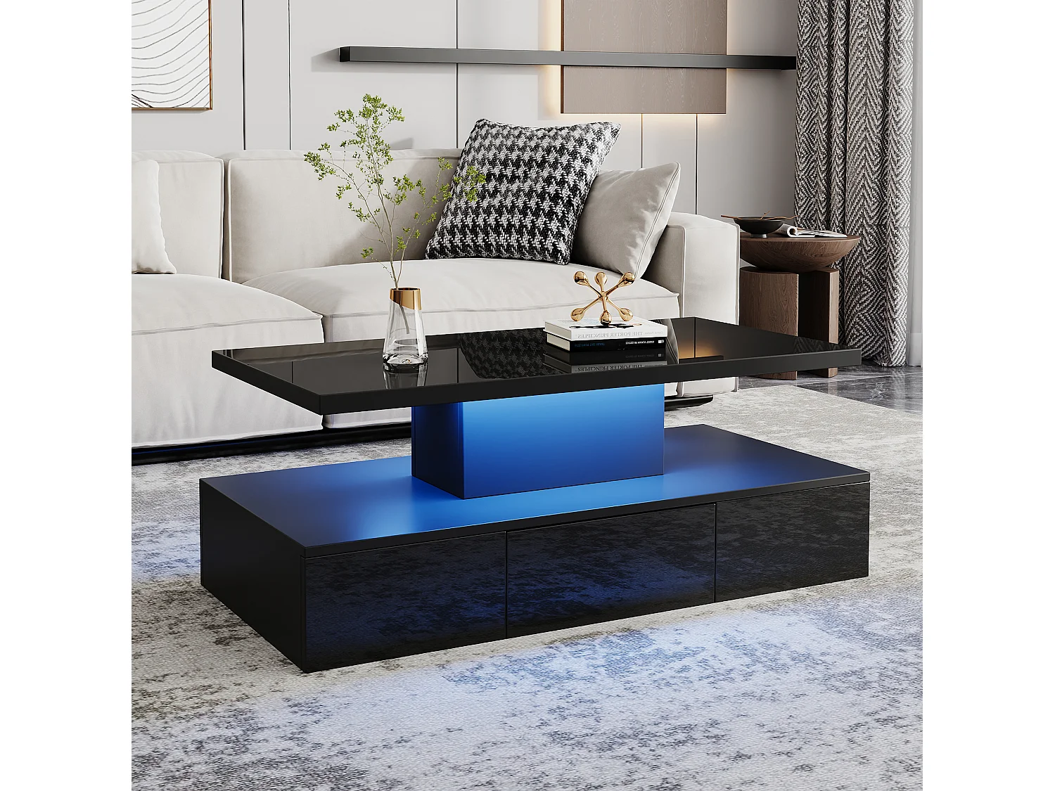 Table basse 100x50x39 cm, éclairage LED dimmable 16 couleurs, 4 modes, 1 tiroir coulissant, panneau de particules, noir