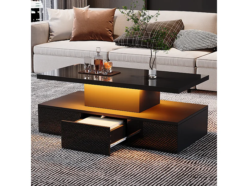 Table basse à deux niveaux LED RGB 16 couleurs surface brillant avec étagère ouverte et tiroir coulissant noir