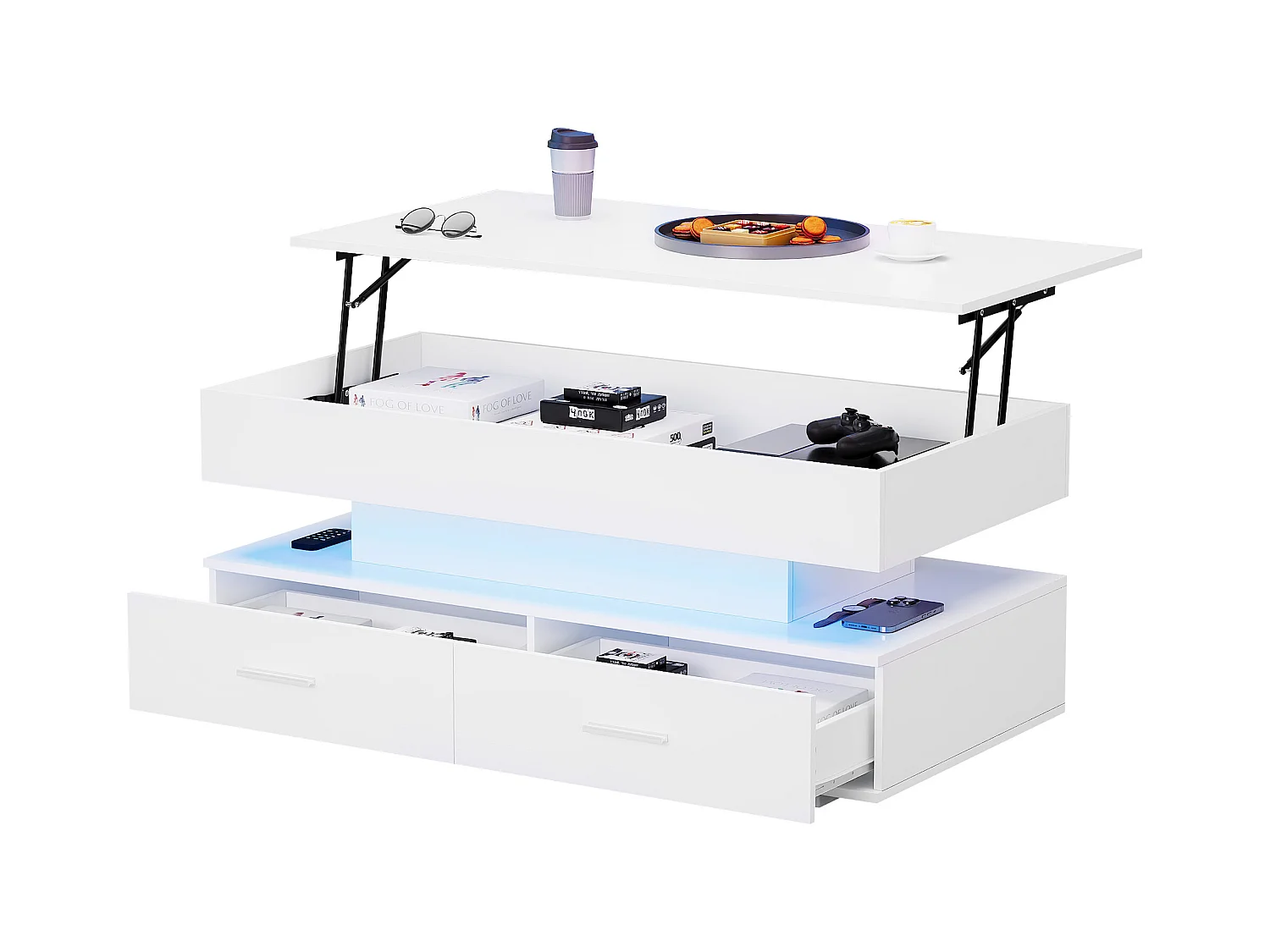 Salontafel 100x50x44 cm LED app 2 laden wit vak voor woonkamer