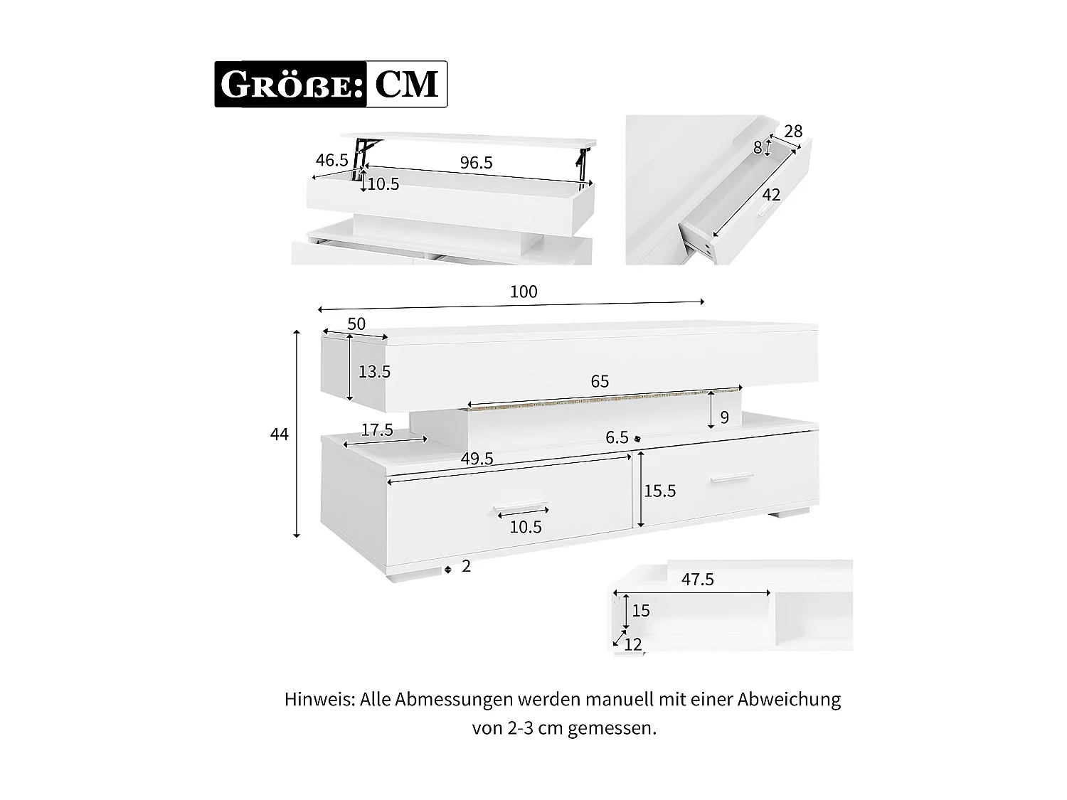 Table basse 100x50x44 cm, relevable hydraulique, éclairage LED contrôlé par application, 2 tiroirs, panneau de particules, blanc