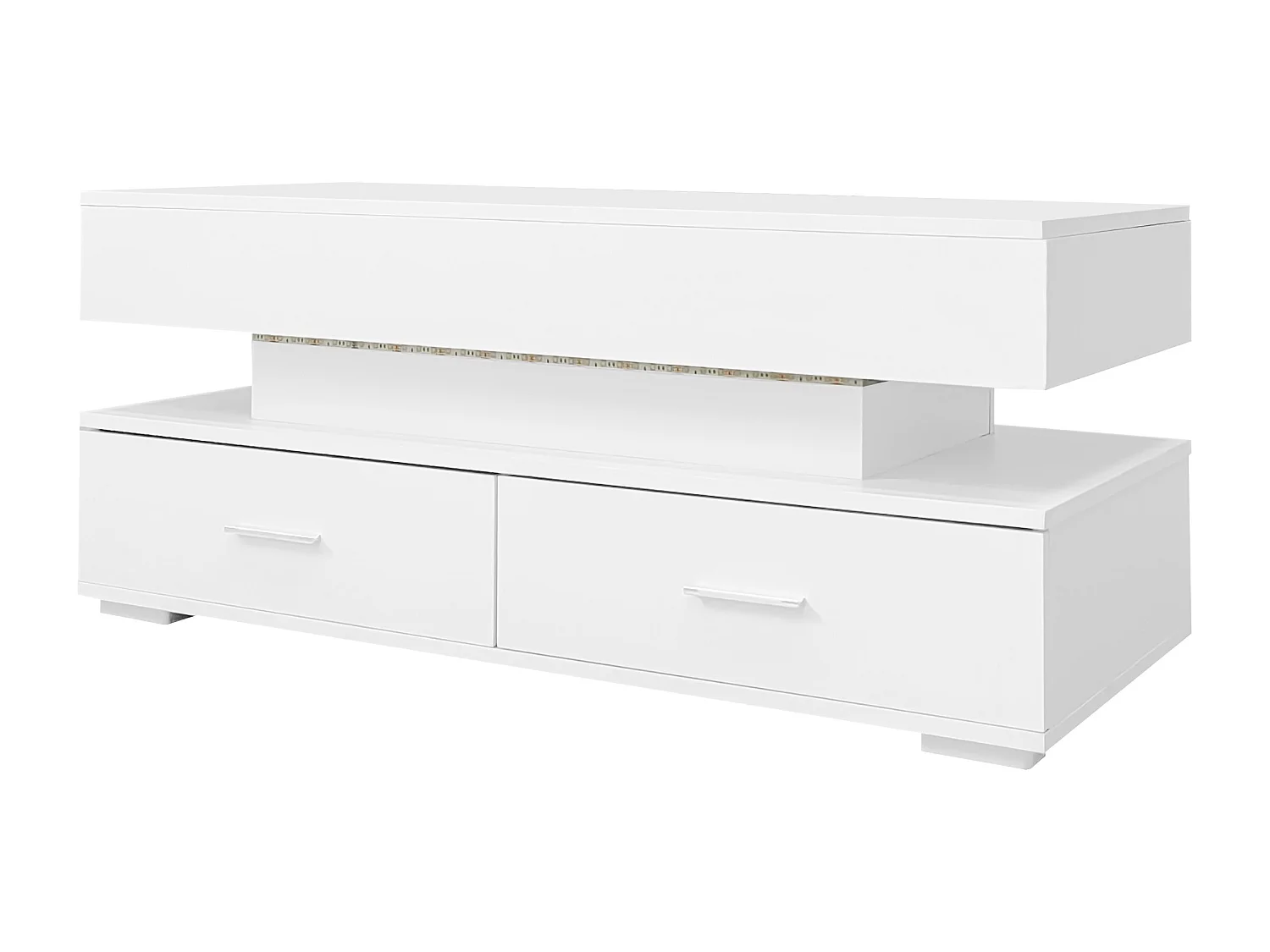 Table basse 100x50x44 cm, relevable hydraulique, éclairage LED contrôlé par application, 2 tiroirs, panneau de particules, blanc