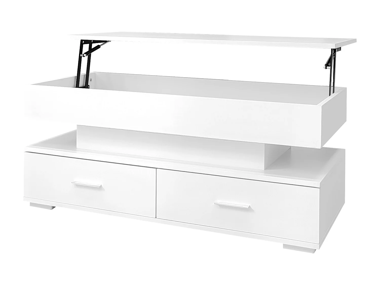 Table basse 100x50x44 cm, relevable hydraulique, éclairage LED contrôlé par application, 2 tiroirs, panneau de particules, blanc