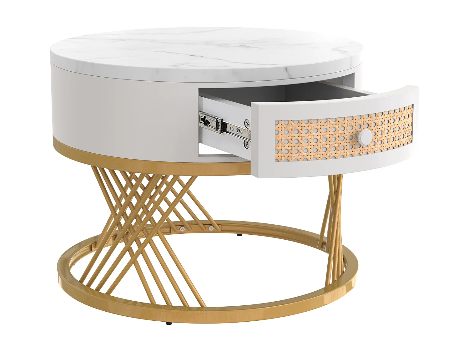 Lot de 2 tables basses 70x70x45.5cm Ronde Un tiroir Espace de rangement Pieds en fer Matériel MDF Blanc pour salon