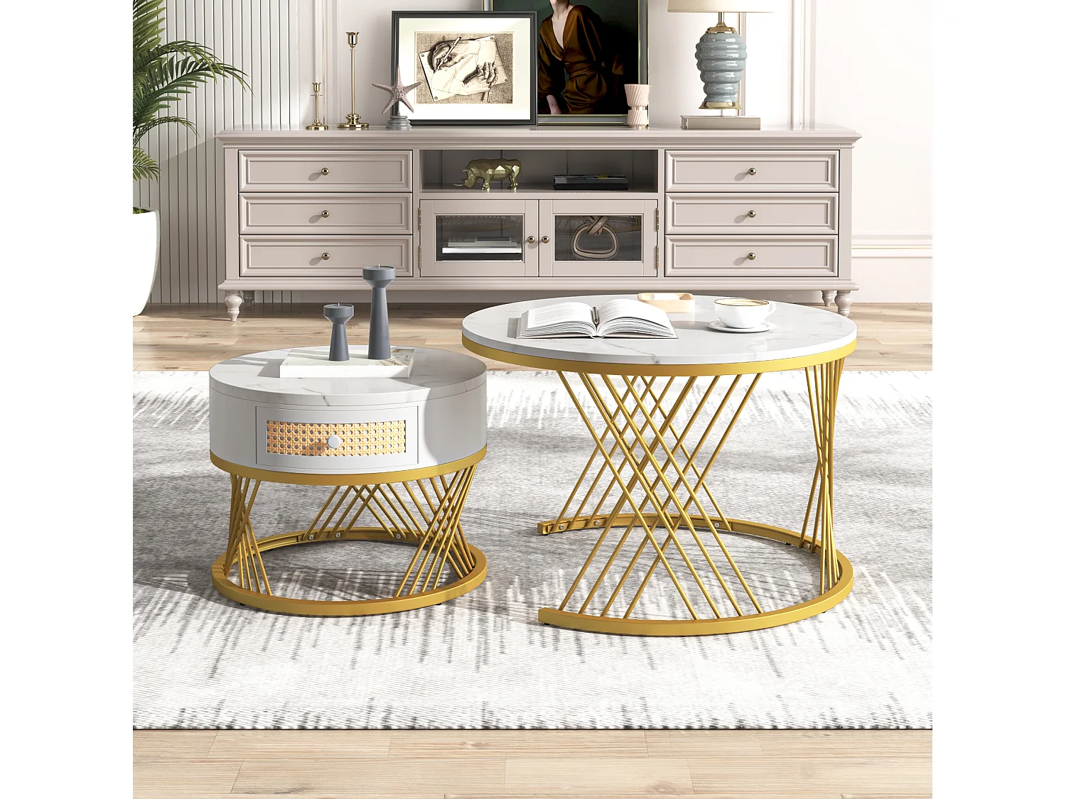 Tables basses gigognes 70x70x45.5 cm et 50x50x38.5 cm, 2 en 1 avec tiroir, effet marbre, MDF et métal, blanc et doré