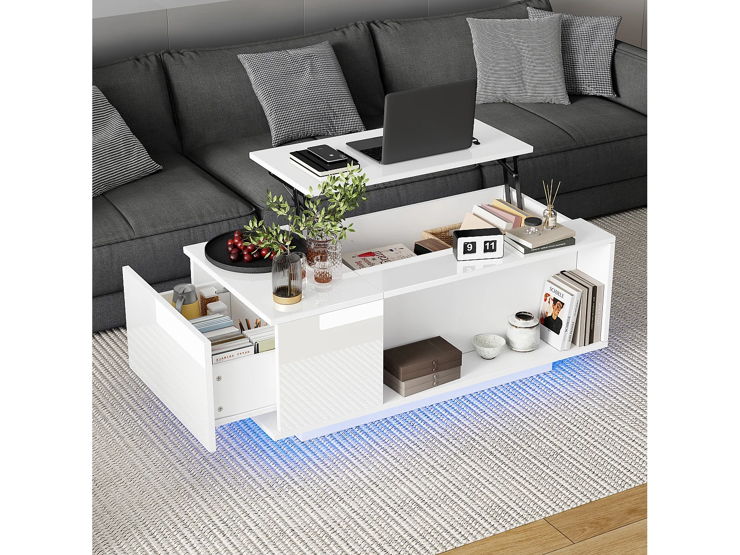 Table basse 100x50x40 cm LED réglable tiroir rangement intégré prise blanc salon contemporain