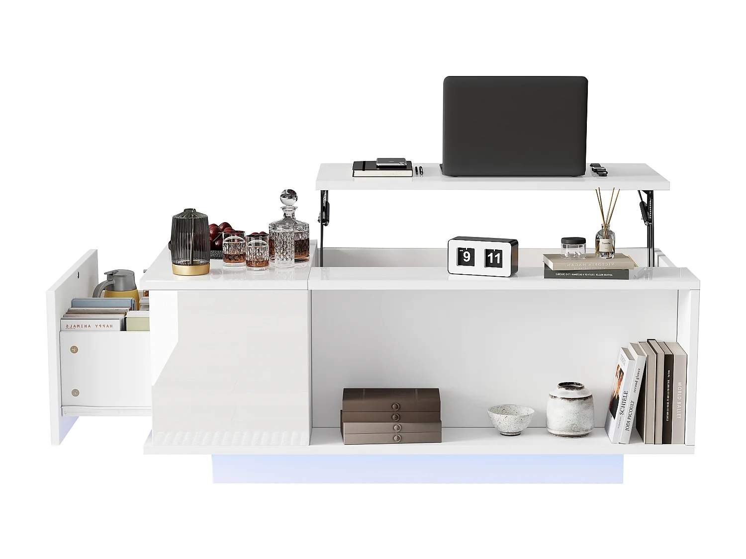 Table basse 100x50x40 cm LED réglable tiroir rangement intégré prise blanc salon contemporain