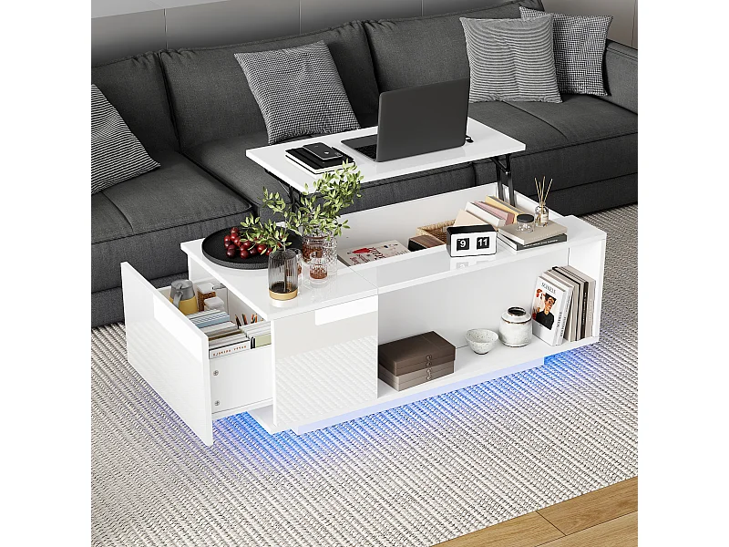 Table basse 100x50x40 cm LED réglable tiroir rangement intégré prise blanc salon contemporain