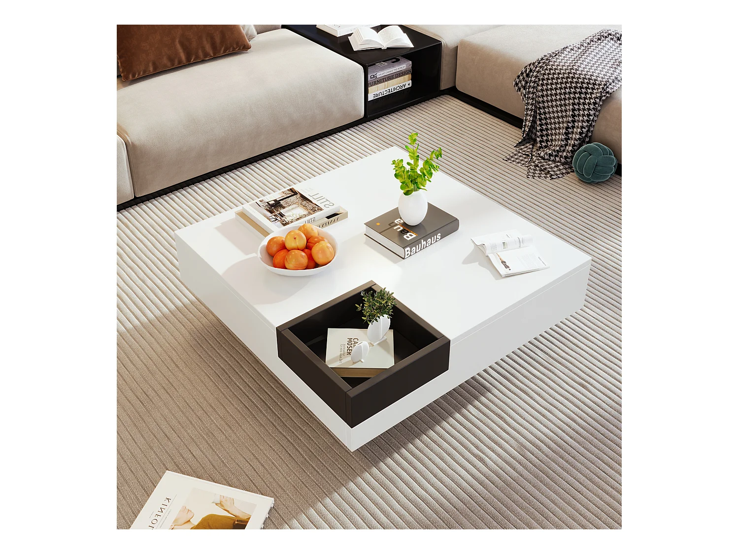 Table basse 72x72x30cm LED avec Boîtes de rangement amovibles Matériel Particle Board Blanc