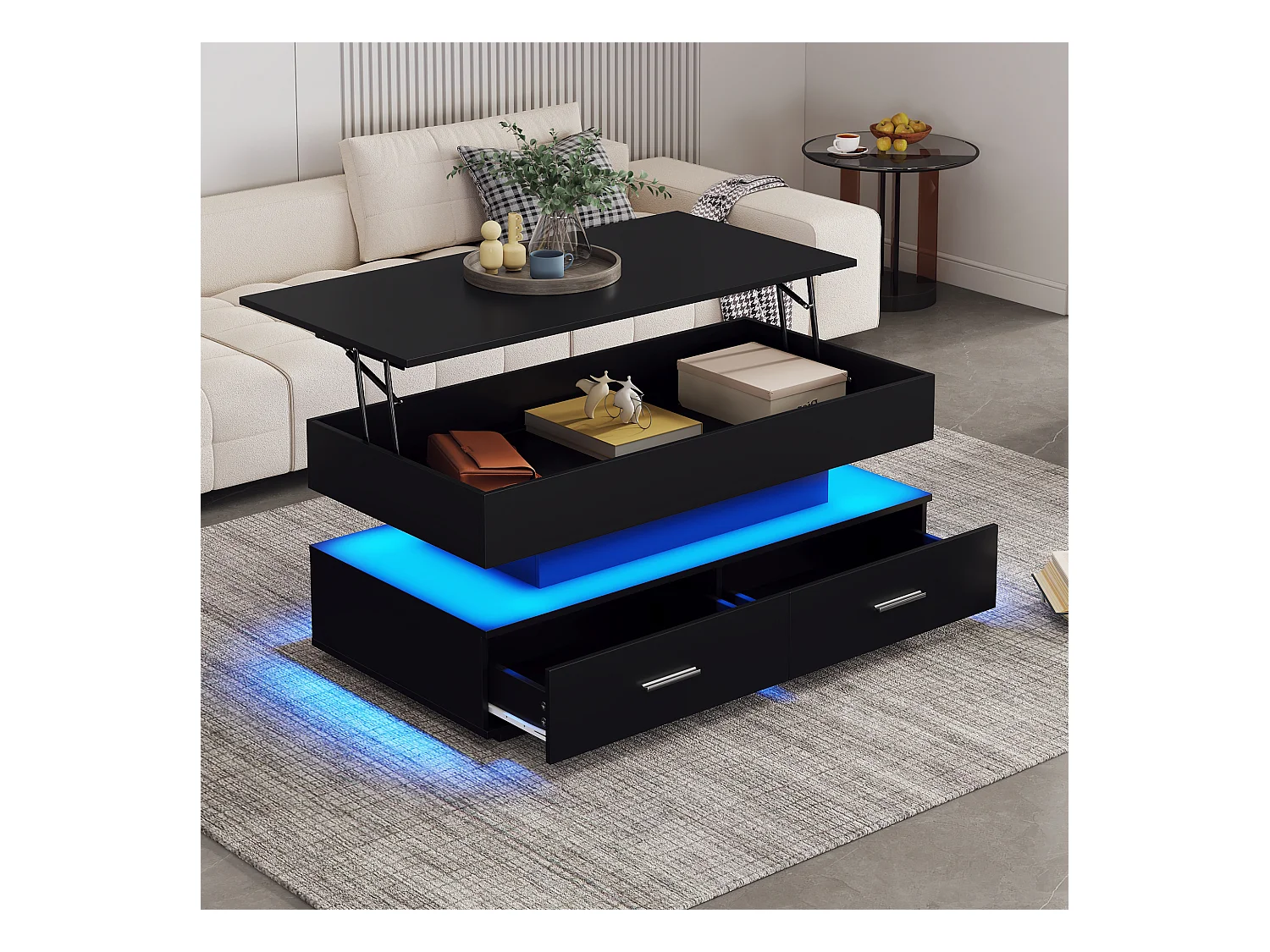 Table basse 100x50x44cm réglage hydraulique LED Bluetooth 2 tiroirs rangement noire pour salon