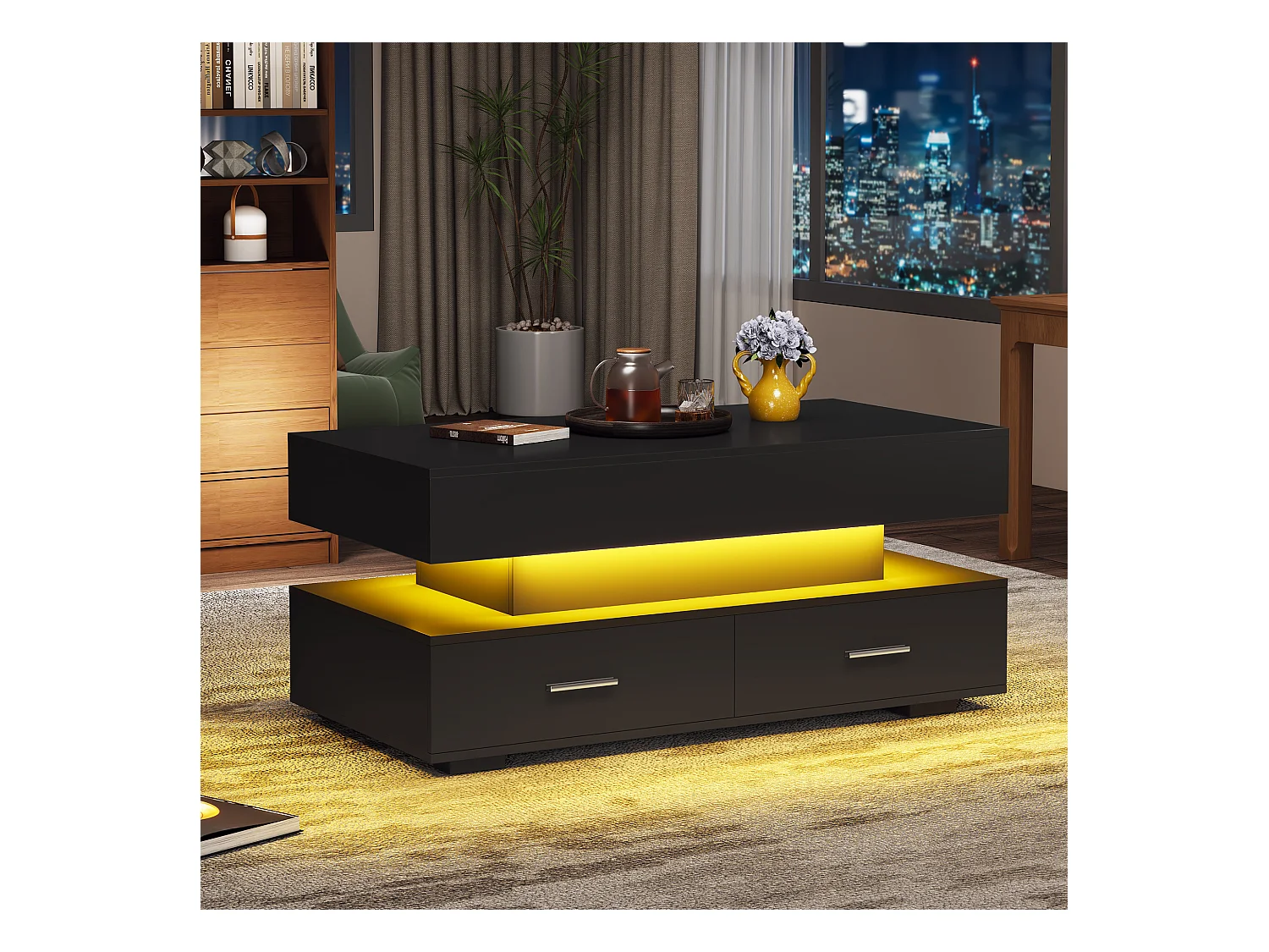 Table basse 100x50x44cm réglage hydraulique LED Bluetooth 2 tiroirs rangement noire pour salon