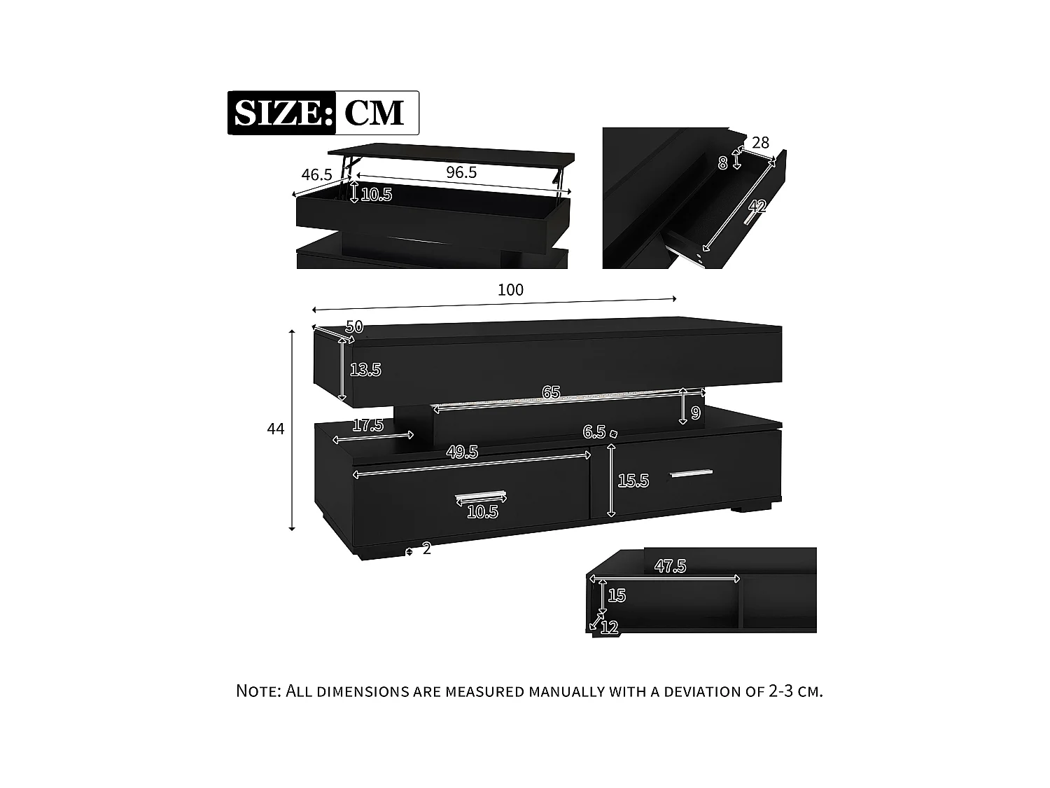 Table basse 100x50x44cm réglage hydraulique LED Bluetooth 2 tiroirs rangement noire pour salon