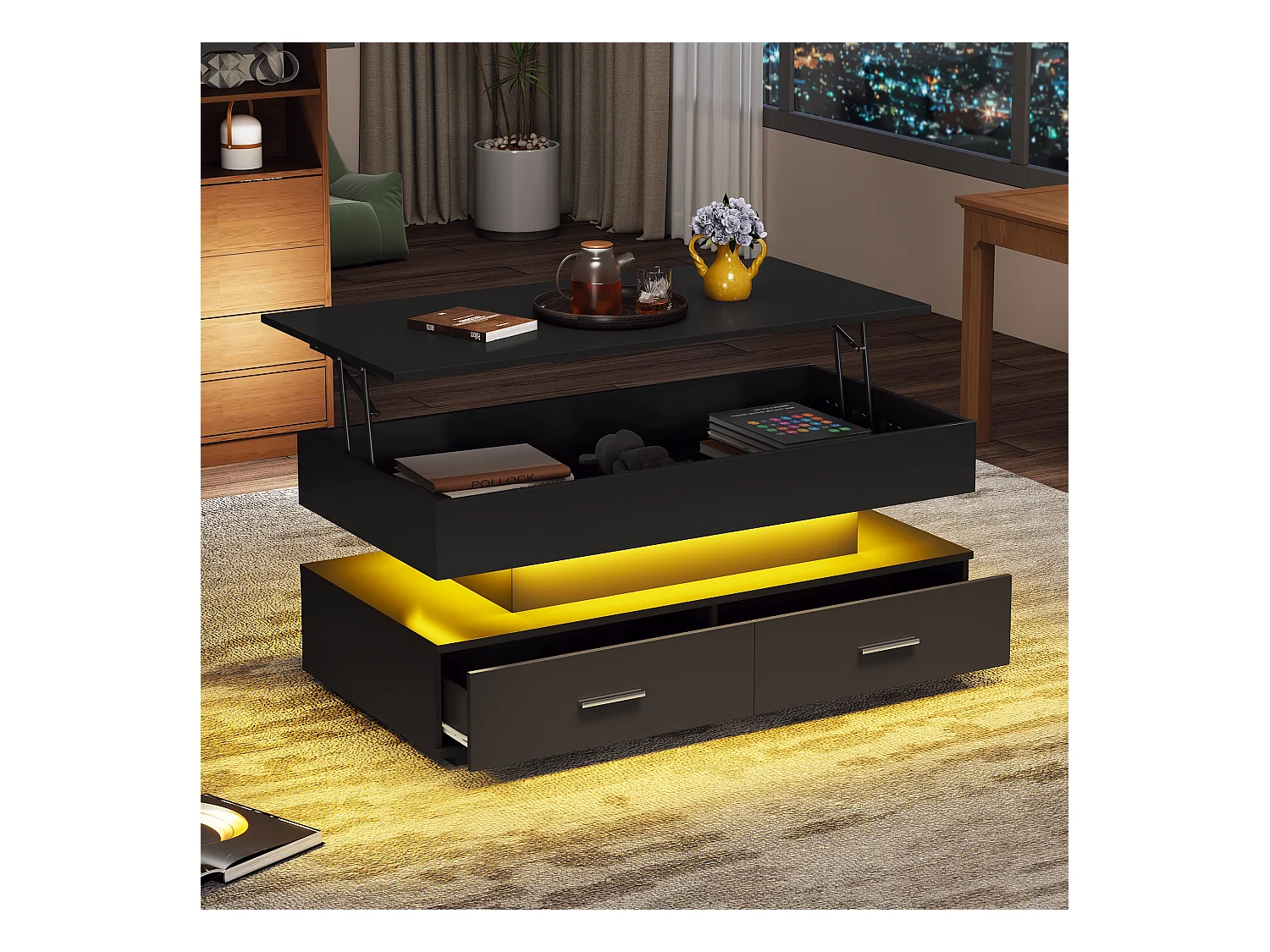 Table basse 100x50x44cm réglage hydraulique LED Bluetooth 2 tiroirs rangement noire pour salon