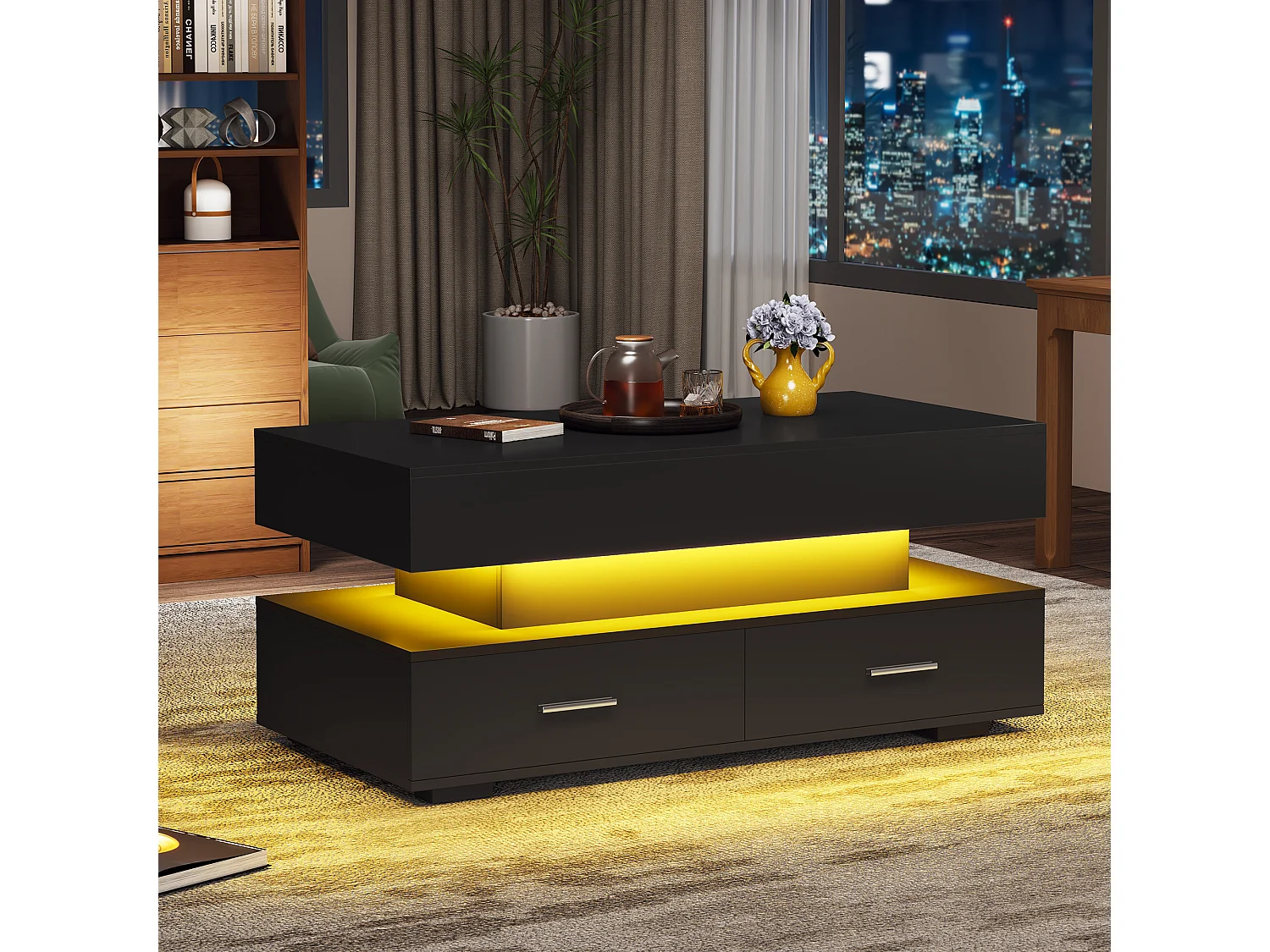 Table basse 100x50x44cm réglage hydraulique LED Bluetooth 2 tiroirs rangement noire pour salon