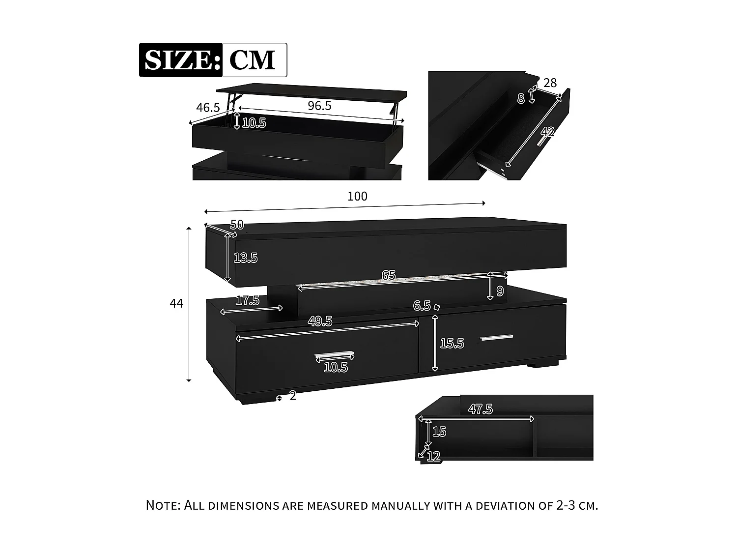 Table basse 100x50x44cm réglage hydraulique LED Bluetooth 2 tiroirs rangement noire pour salon
