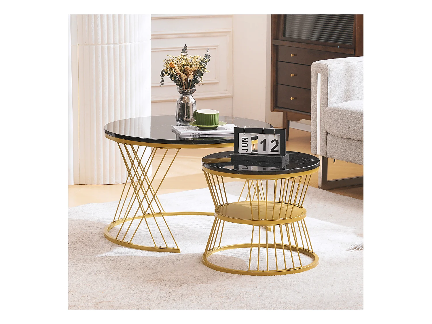 Lot de 2 tables basses haut brillant finition marbre structure dorée pour salon