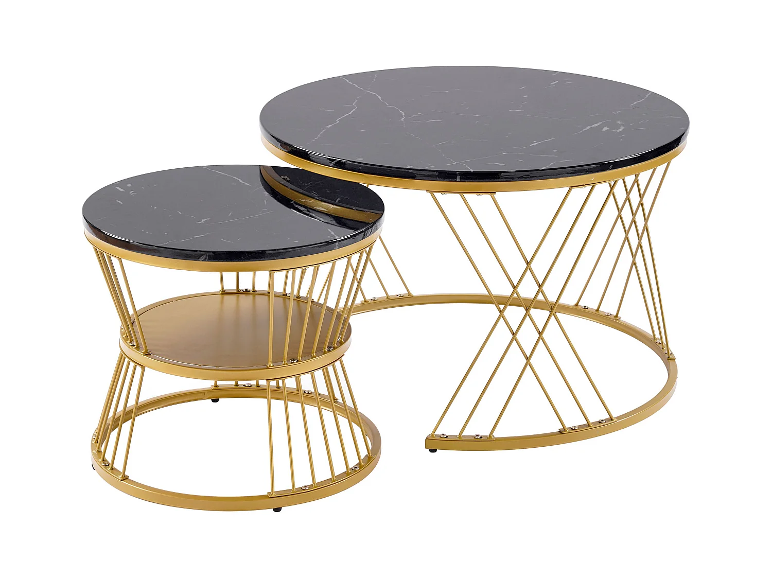 Lot de 2 tables basses haut brillant finition marbre structure dorée pour salon