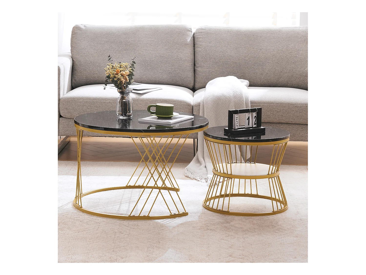 Lot de 2 tables basses haut brillant finition marbre structure dorée pour salon