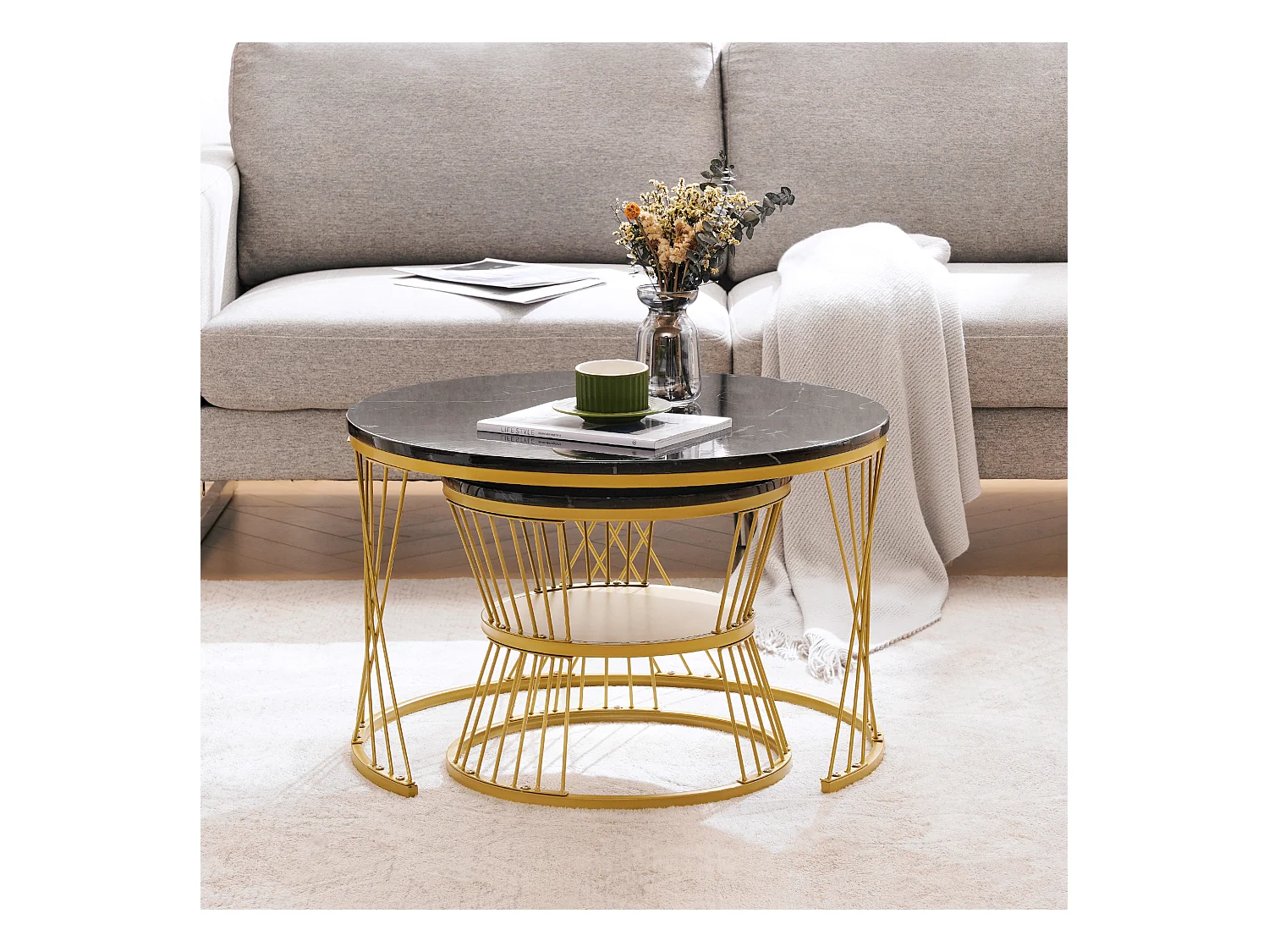 Lot de 2 tables basses haut brillant finition marbre structure dorée pour salon