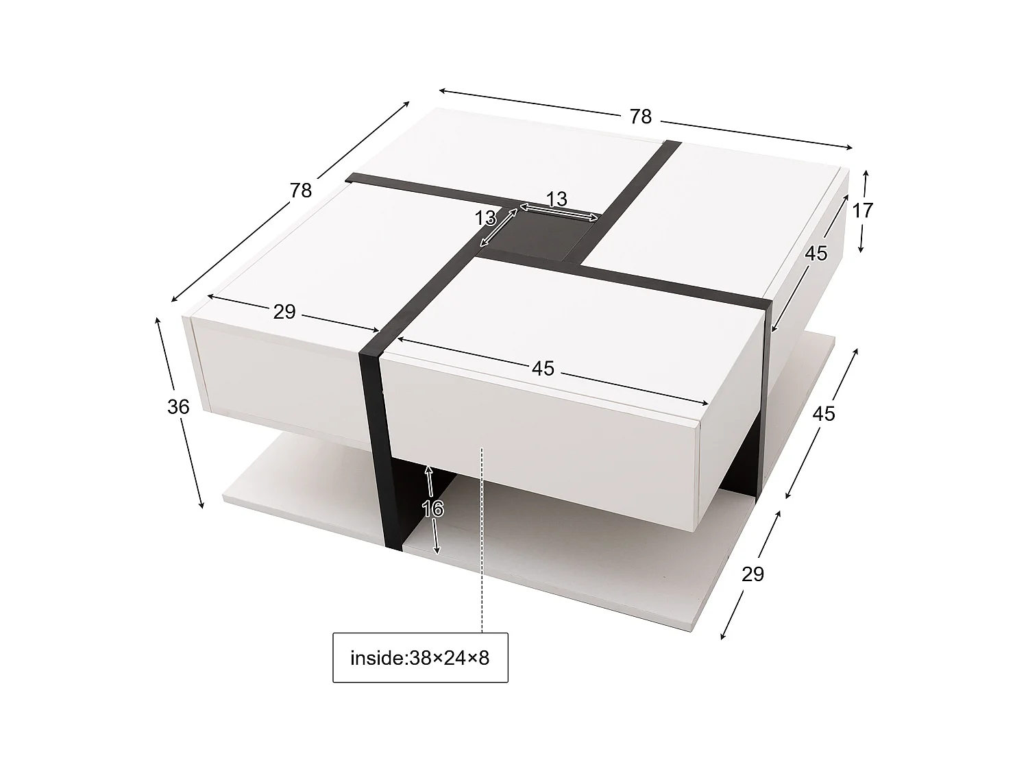 Table basse 78x78x36cm avec 4 tiroirs Espace de rangement au fond Forme carrée Matériel Particle Board Blanc