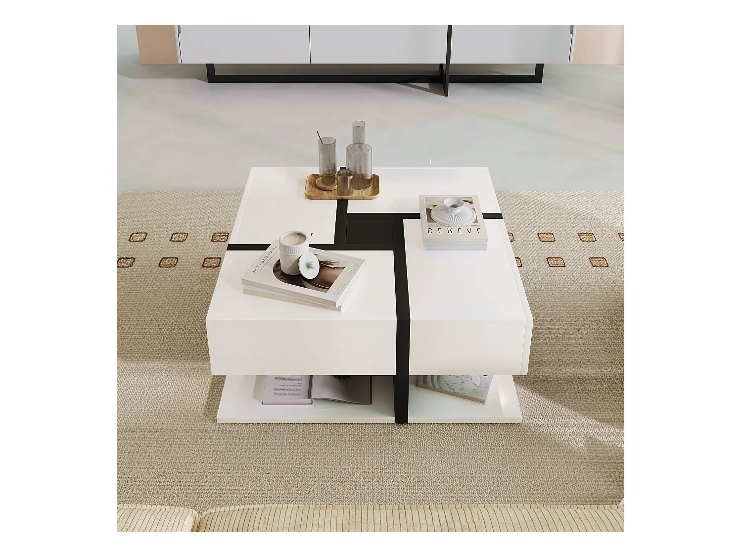 Table basse 78x78x36cm avec 4 tiroirs Espace de rangement au fond Forme carrée Matériel Particle Board Blanc