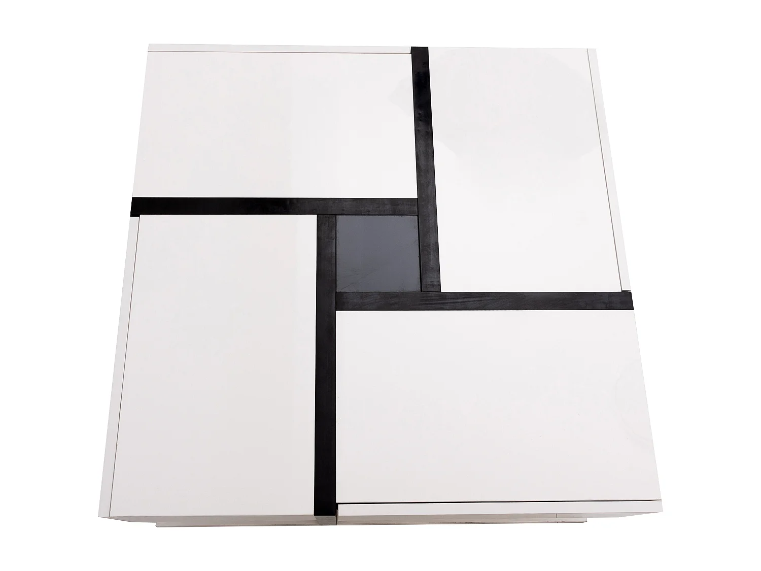 Table basse 78x78x36 cm, 4 tiroirs, finition brillante, tablette inférieure, panneau de particules, blanc et noir