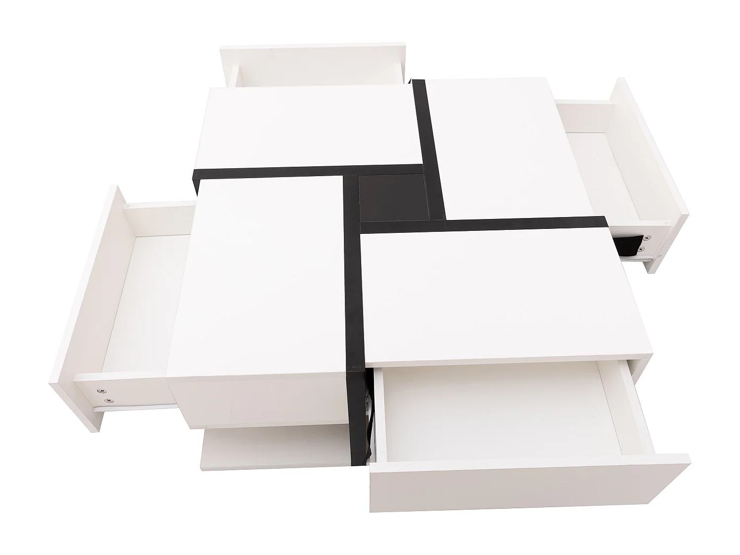Table basse 78x78x36 cm, 4 tiroirs, finition brillante, tablette inférieure, panneau de particules, blanc et noir