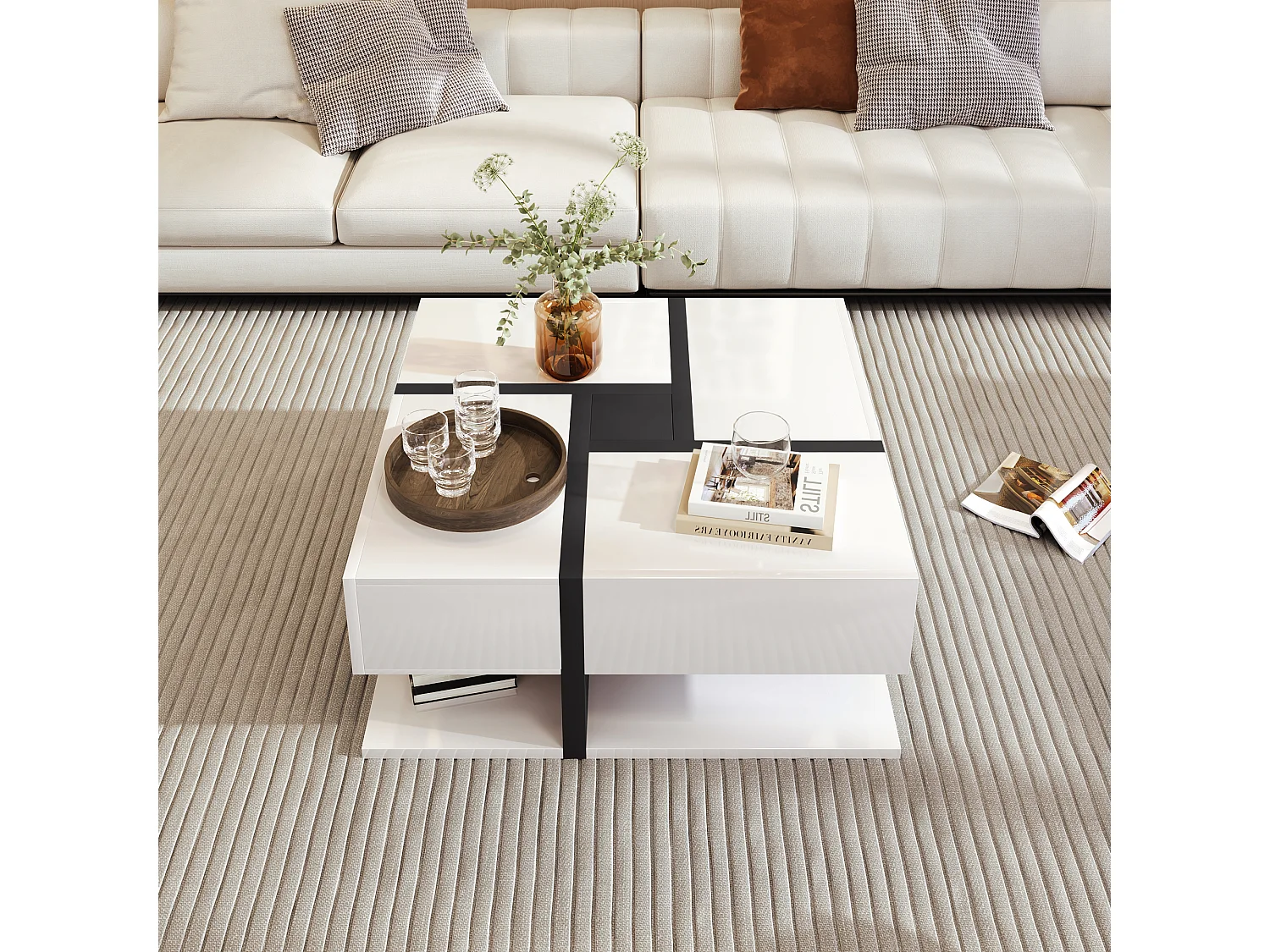 Table basse 78x78x36 cm, 4 tiroirs, finition brillante, tablette inférieure, panneau de particules, blanc et noir