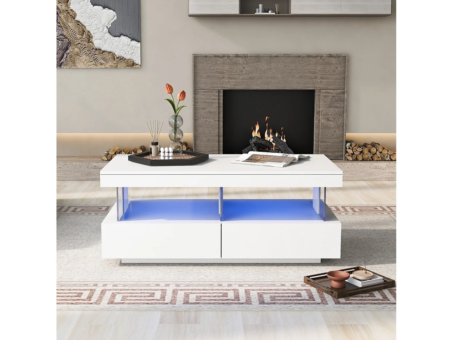 Table basse 100x60x49.5cm avec LED espace de stockage panneaux de particules en blanc pour salon
