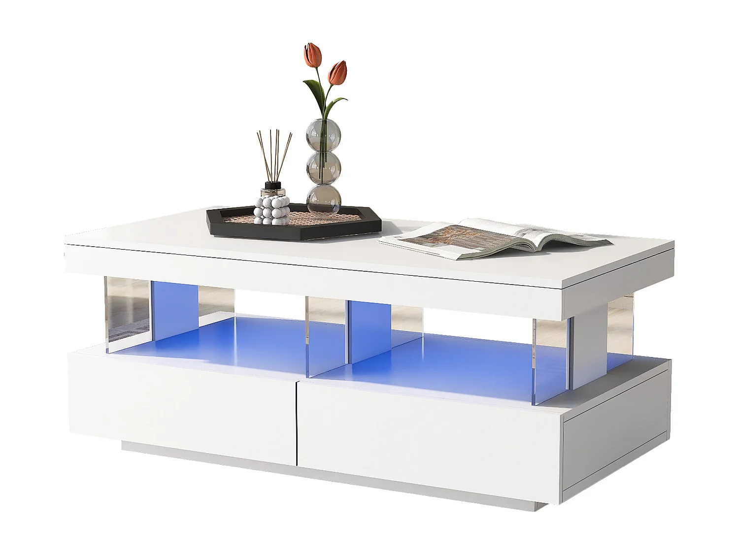 Table basse 100x60x49.5 cm, éclairage LED, 2 tiroirs, panneaux en verre, panneaux de particules, blanc