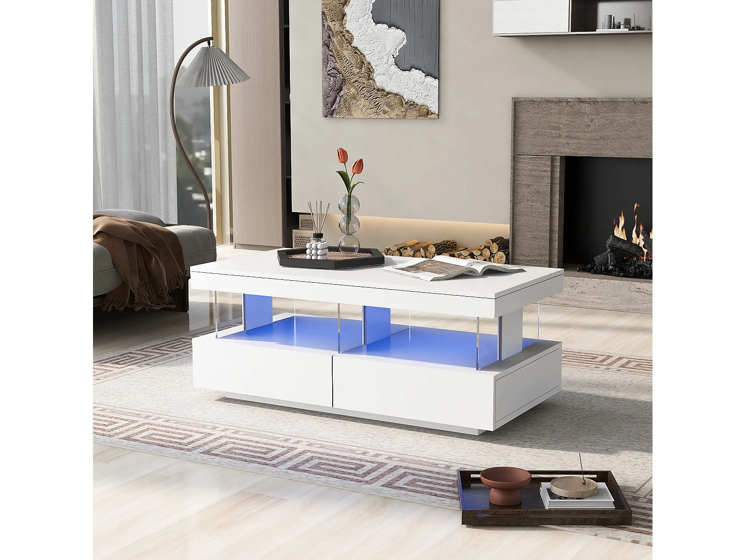 Table basse 100x60x49.5 cm, éclairage LED, 2 tiroirs, panneaux en verre, panneaux de particules, blanc