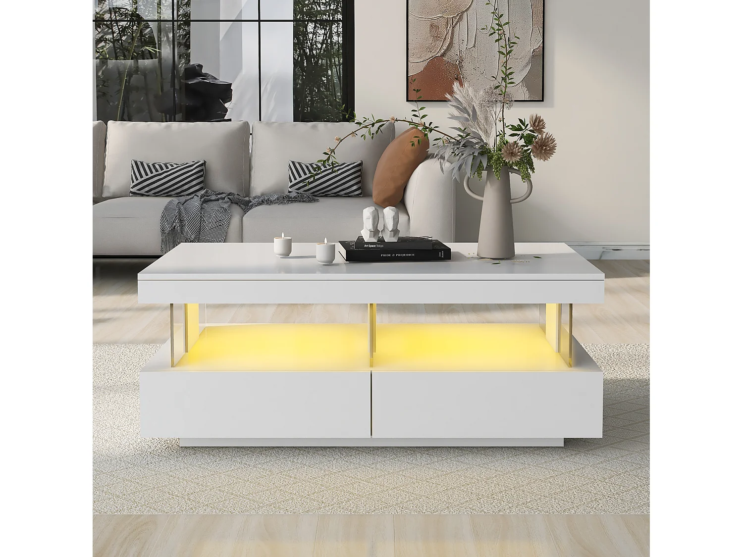 Table basse 100x60x49.5 cm, éclairage LED, 2 tiroirs, panneaux en verre, panneaux de particules, blanc