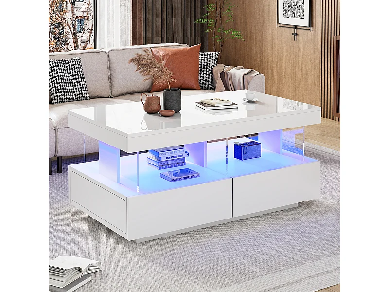 Table basse 100x60x49.5cm avec LED espace de stockage panneaux de particules en blanc pour salon