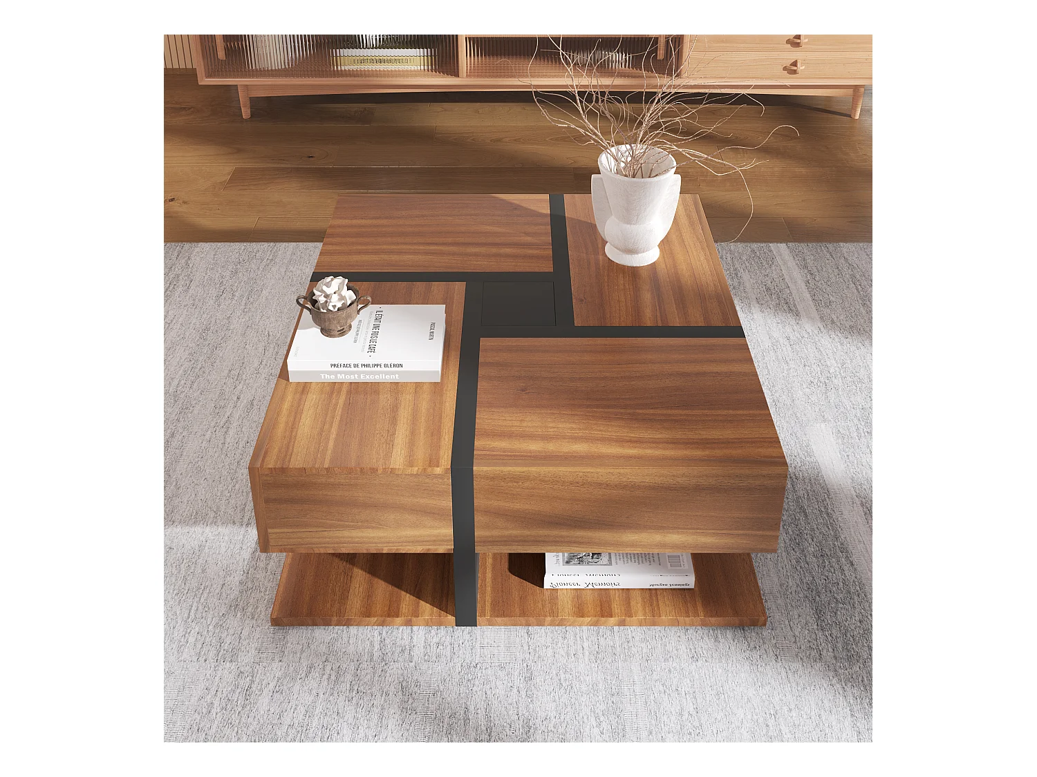 Salontafel 78x78x36cm met 4 laden opslagruimte onderaan en vierkantvorm brengen Materiaal Spaanplaat en Natuurlijke kleur