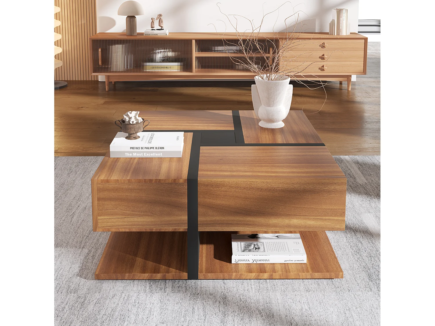 Table basse 78x78x36cm avec 4 tiroirs Espace de rangement au fond Forme carrée Matériel Particle Board Couleur naturelle