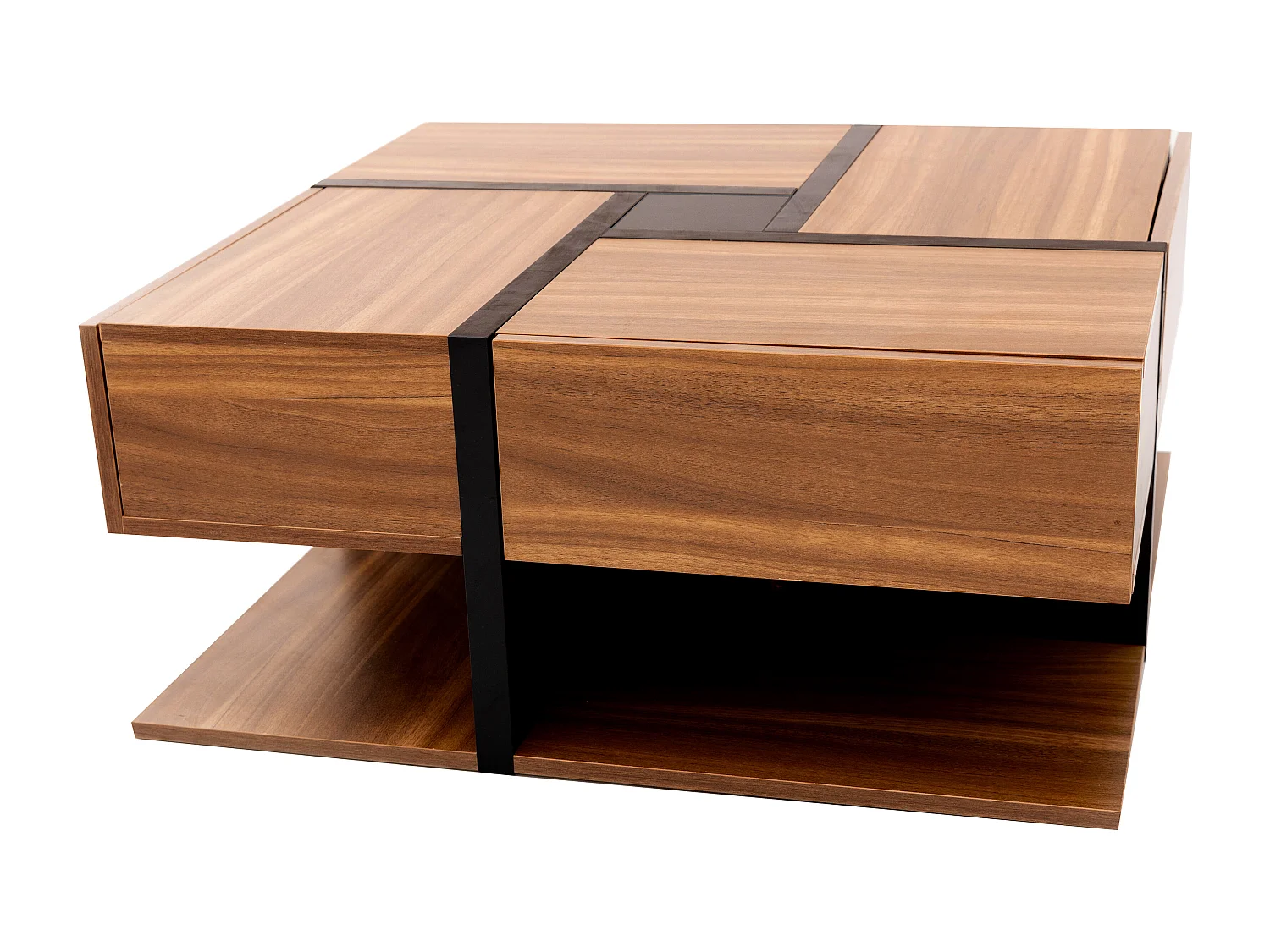 Table basse 78x78x36 cm, 4 tiroirs et étagère basse, motif de lignes, panneaux de particules, naturel et noir