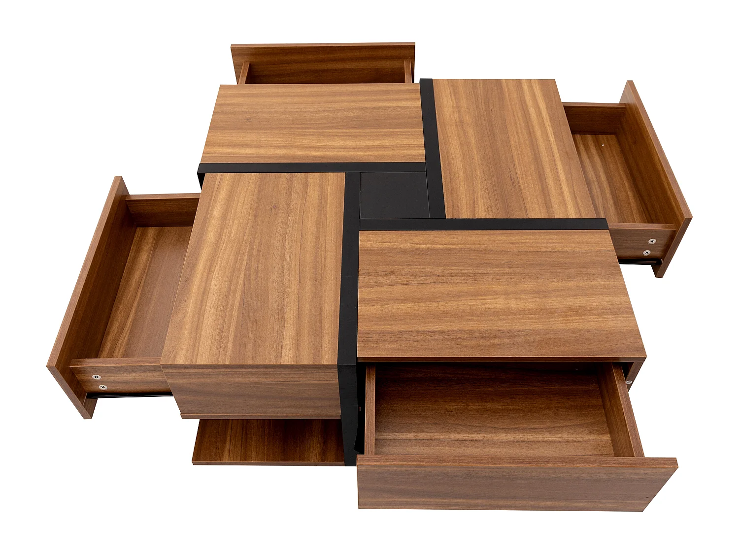 Table basse 78x78x36 cm, 4 tiroirs et étagère basse, motif de lignes, panneaux de particules, naturel et noir