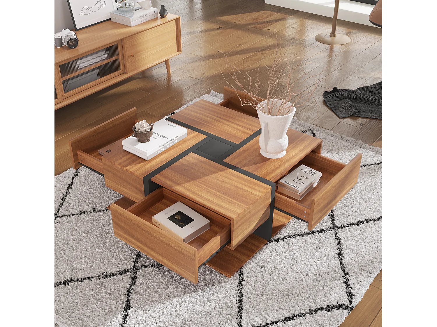 Table basse 78x78x36 cm, 4 tiroirs et étagère basse, motif de lignes, panneaux de particules, naturel et noir