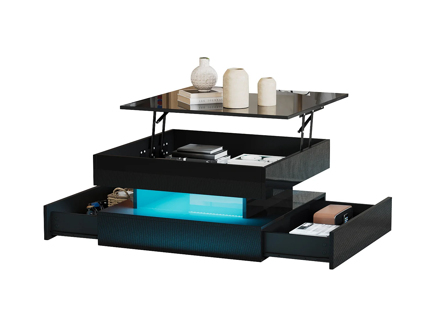 Table basse 65x65x 38.5 cm rehaussable éclairage LED 2 tiroirs rangement intégré noir salon contemporain