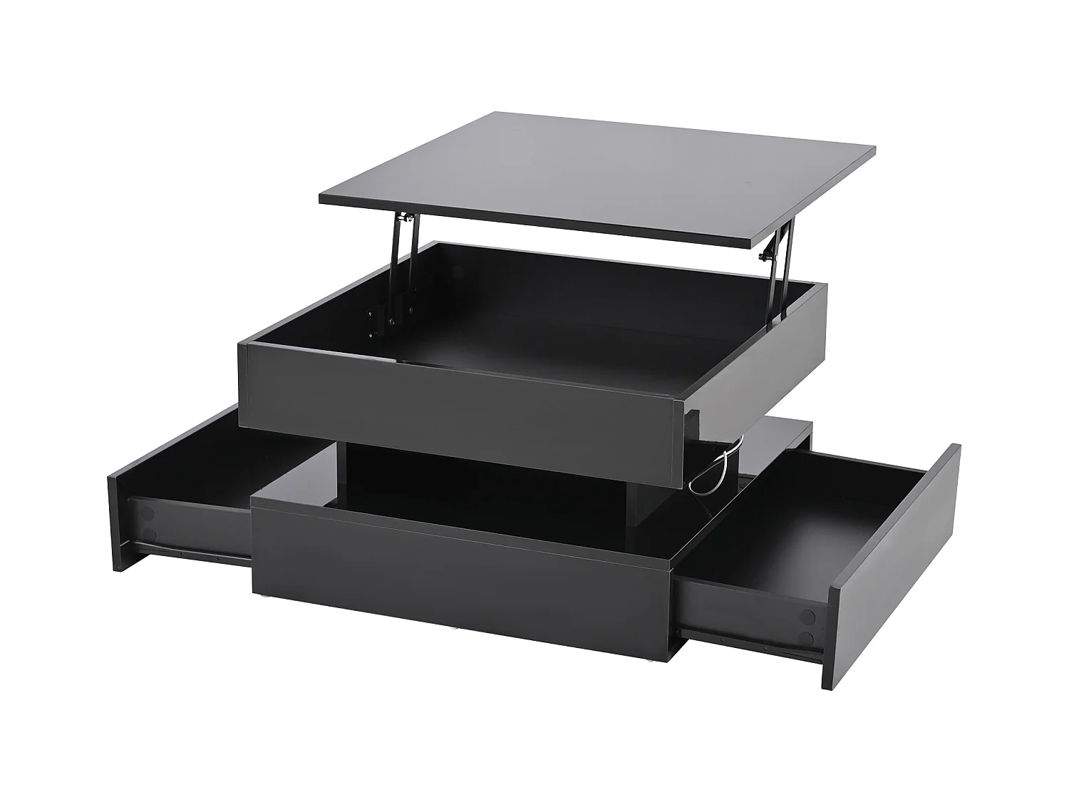 Table basse 65x65x 38.5 cm rehaussable éclairage LED 2 tiroirs rangement intégré noir salon contemporain