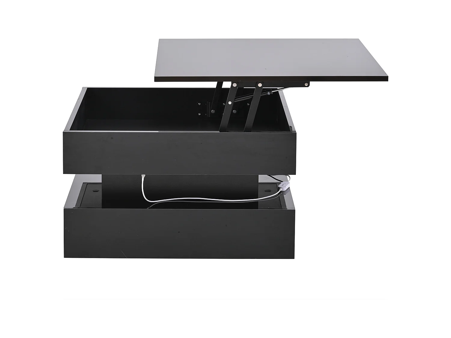 Table basse 65x65x 38.5 cm rehaussable éclairage LED 2 tiroirs rangement intégré noir salon contemporain