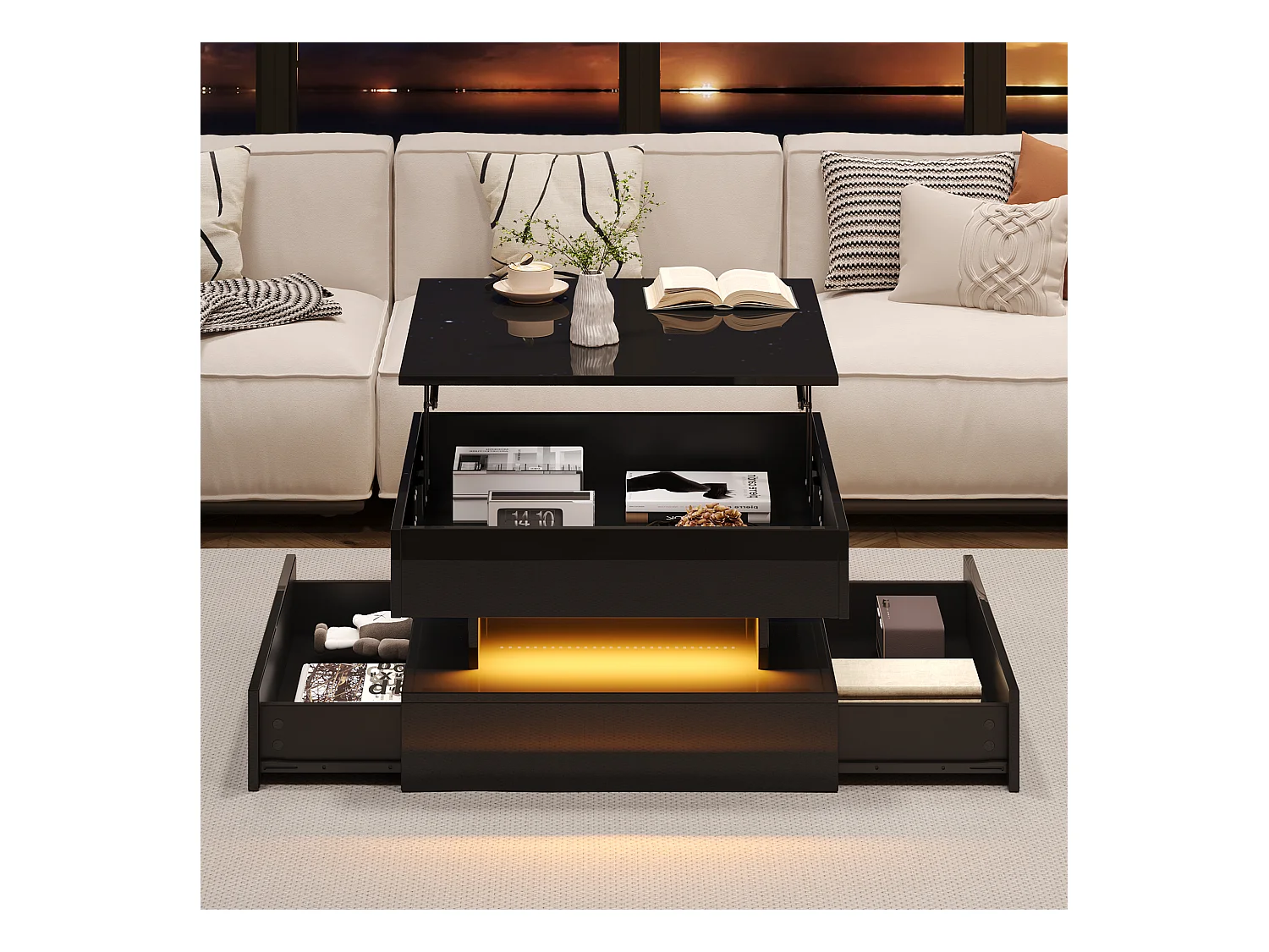 Table basse 65x65x 38.5 cm rehaussable éclairage LED 2 tiroirs rangement intégré noir salon contemporain