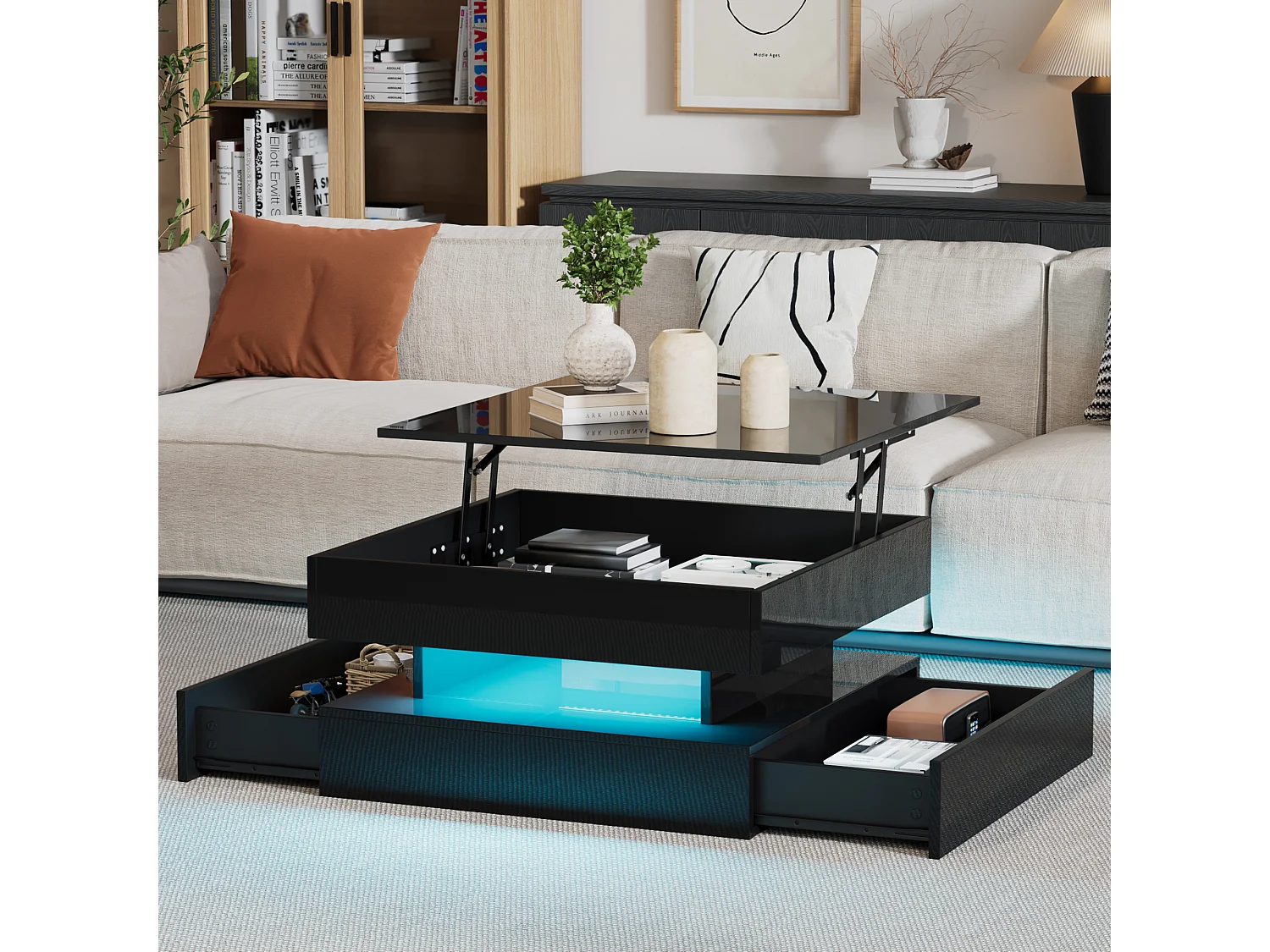 Table basse 65x65x 38.5 cm rehaussable éclairage LED 2 tiroirs rangement intégré noir salon contemporain