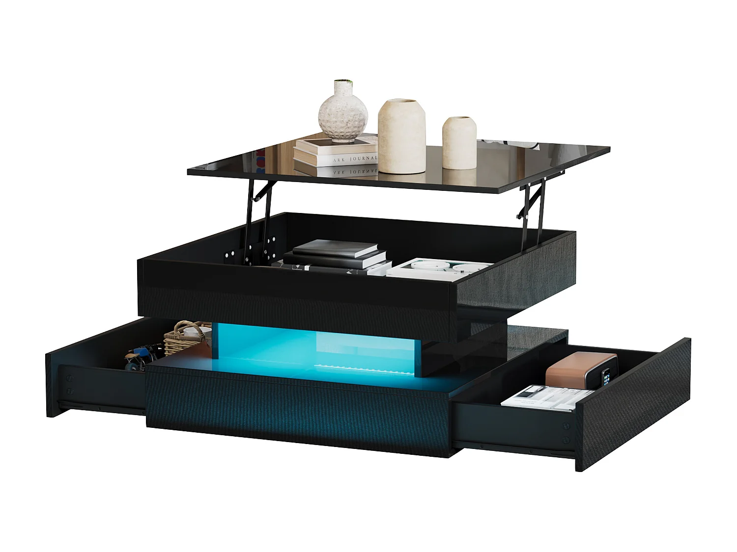 Table basse 65x65x 38.5 cm rehaussable éclairage LED 2 tiroirs rangement intégré noir salon contemporain