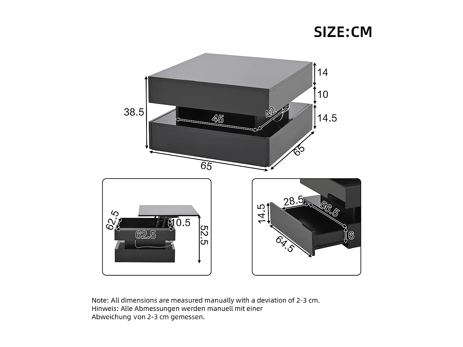 Table basse 65x65x 38.5 cm rehaussable éclairage LED 2 tiroirs rangement intégré noir salon contemporain