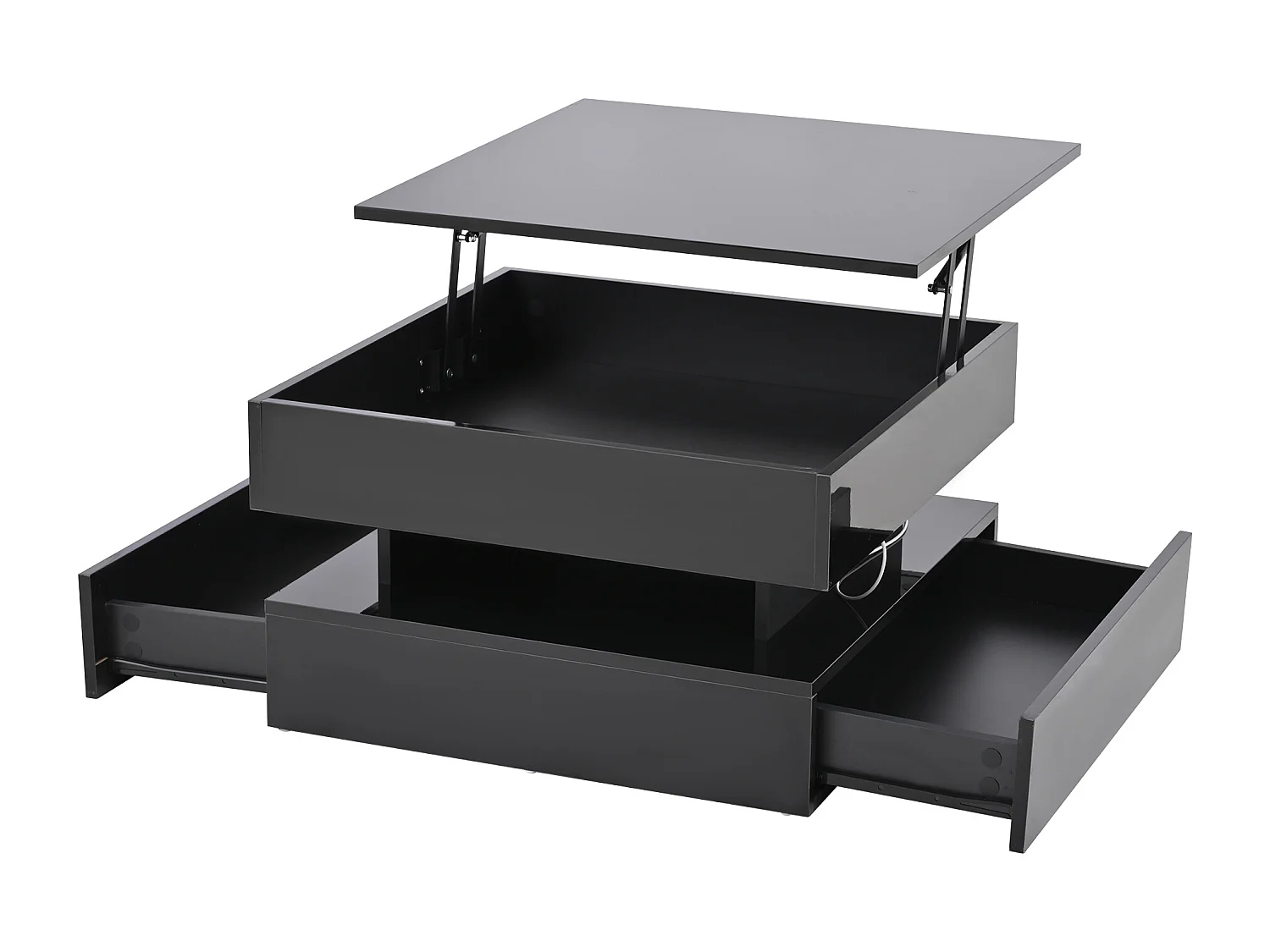 Table basse 65x65x 38.5 cm rehaussable éclairage LED 2 tiroirs rangement intégré noir salon contemporain
